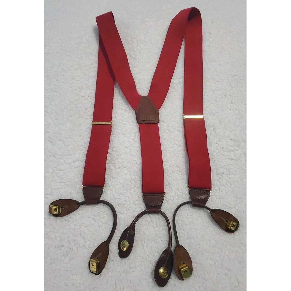 Vintage Cas Germany Suspenders Red Elastic Stretch Leather Button Braces